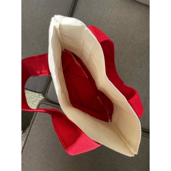 Trader Joe's Mini Tote Bag Red & Natural Reusable Shopper Embroidered Logo - Picture 2 of 2